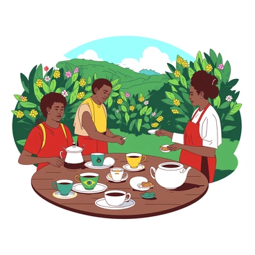 Cultural depiction of how coffee is enjoyed in different countries surrounding a plantation image