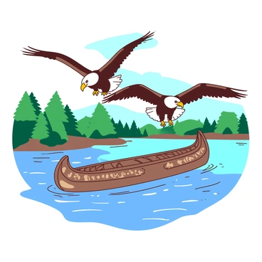 A pair of regal bald eagles with white heads and dark brown bodies soar gracefully above a traditional Inuit canoe. The canoe is made of wood and features intricate carvings along its sides, floating gently on the shimmering river. The surface of the water reflects the clear blue sky and the surrounding lush green trees. The eagles spread their wings wide as they glide through the air, embodying strength and freedom, while the canoe adds a sense of cultural heritage to the scene.