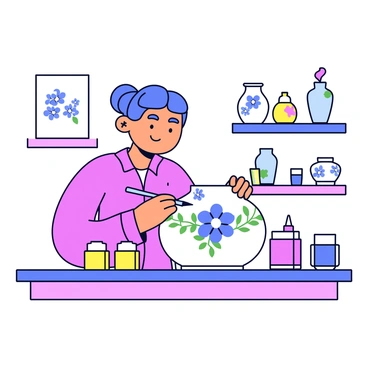 An artisan is painting intricate designs on a traditional Korean porcelain vase. The vase has a smooth, white surface decorated with elegant floral patterns in blue and green. The artisan is seated at a wooden table, holding a fine brush with a steady hand. Surrounding the table are various paint containers in vibrant colors. The background features other beautifully crafted porcelain vases displayed on shelves.