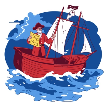 A red pirate ship with tattered sails is navigating through turbulent, dark blue seas. The ship is tilted to one side as large waves crash against the hull. Standing at the helm, the captain with a weathered face is holding a yellow treasure map in one hand, intently studying it. In the background, ominous storm clouds gather, and flashes of lightning illuminate the scene. The ship's wooden deck is slick with rainwater, and the crew members can be seen working to secure the sails.