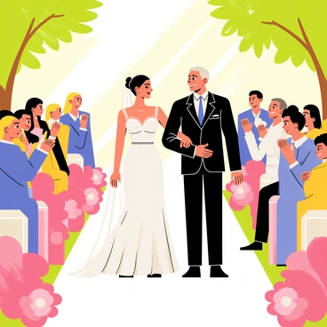 A bride in a beautiful white gown is walking down the aisle, holding her father's arm. The gown has intricate lace details and a flowing train that trails behind her. Her father, dressed in a classic black suit, looks proud and slightly emotional. The aisle is lined with vibrant floral arrangements in shades of pink and white. Guests, seated on either side, are watching with smiles, some holding tissues to catch their tears. Sunlight filters through the trees, casting a warm glow over the scene.