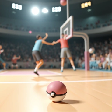 A red and white "pokeball" is bouncing on a wooden basketball court, with the smooth surface reflecting the bright overhead lights. In the background, two players are in action; one player, wearing a blue jersey and black shorts, is leaping to catch the ball, while the other player, dressed in a red jersey and gray shorts, is reaching out to block the shot. The crowd in the stands is blurred, showing excitement, with some fans waving their arms. The scoreboard in the background displays the current score, adding to the atmosphere of the game.