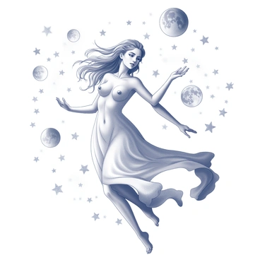 A celestial nymph is posed gracefully, with delicate features and flowing hair that cascades around her shoulders. Her attire flows elegantly, resembling soft, billowing fabrics that seem to merge with the night sky. She is surrounded by numerous stars twinkling around her, and various moons in different phases hover nearby, casting a subtle glow. The nymph's expression is serene, and her body is positioned in a way that suggests movement, as if she is dancing through the celestial realm. She reaches out toward the stars, creating a sense of connection between her and the cosmic elements enveloping her.