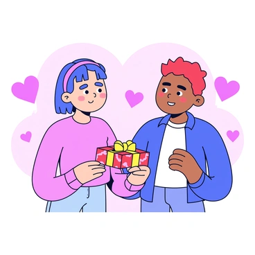 A person stands in front of their crush, holding a small, wrapped gift box. The box is decorated with red and gold patterns, indicating it's for Valentine's Day. The person has wide eyes, slightly blushing cheeks, and their hands are trembling as they extend the gift. Their attire includes a simple, casual shirt that contrasts with the festive occasion. The background features hearts and soft colors to enhance the romantic atmosphere. The crush appears surprised, with raised eyebrows and a gentle smile, looking at the gift with curiosity.