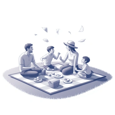 A family of four is gathered on a checkered picnic blanket spread across a grassy area. The father is sitting with a surprised expression as a gust of wind catches the corner of the blanket, lifting it slightly. The mother, wearing a sunhat, is reaching out to grab their sandwiches, which are being blown away. The two children are laughing and trying to catch flying napkins that swirl around them. Various picnic items, such as a basket, plates of fruit, and a thermos, are scattered in disarray around them. The scene captures a lively moment of chaos amid their picnic enjoyment.