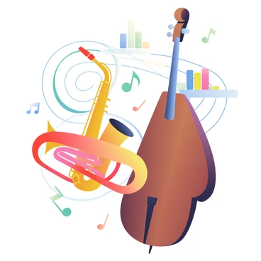 A variety of music notes in different sizes and colors are floating in the air. Among them are a saxophone, a trumpet, and a double bass, each positioned at different angles to suggest movement. The saxophone is shiny gold, the trumpet is a vibrant red, and the double bass has a rich brown finish. Surrounding the instruments are swirling lines to represent sound waves, enhancing the sense of rhythm and energy. In the background, there are colorful musical bars subtly arranged to add depth to the scene.