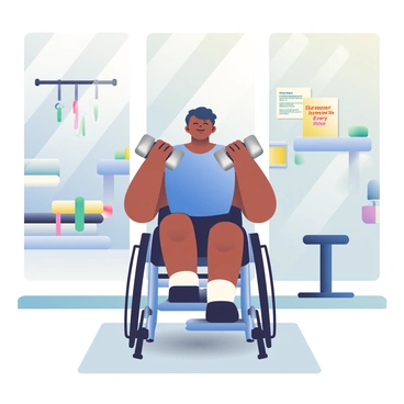 A wheelchair athlete with medium skin is performing a dumbbell chest press in a specialized gym. The athlete has short, dark hair and is wearing a fitted blue tank top and black shorts. The dumbbells are silver with black grips, resting on the athlete’s hands as they push upward. The background features various gym equipment, including a weight bench and resistance bands hanging on the wall. There are large mirrors reflecting the athlete's focused expression, and a motivational poster with the phrase "Strength in Every Move" is visible on the wall. The flooring is a light grey rubber mat designed for gym use.