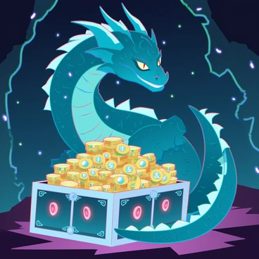 A massive dragon with shimmering emerald scales and piercing golden eyes is coiled protectively around a large pile of glittering treasure. The treasure includes gold coins, sparkling jewels, and ornate artifacts, all reflecting faint light in the dark, cavernous lair. The walls of the cave are rugged and uneven, covered in patches of moss and flickering bioluminescent fungi. Thick shadows loom around the dragon, accentuating its powerful physique and menacing presence. The atmosphere is heavy and tense, emphasizing the dragon's role as the fierce guardian of its hoard.