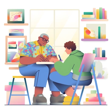A seasoned illustration tutor with short gray hair and glasses is sitting beside a young apprentice in a cozy art studio. The tutor is wearing a colorful, patterned shirt and is demonstrating techniques on a sketchbook. The young apprentice, who has curly brown hair, is attentively watching while holding a pencil in hand. The studio features wooden shelves filled with art supplies, canvases, and books. A large window allows warm, natural light to illuminate the room, casting soft shadows on the wooden floor. Various art pieces hang on the walls, showcasing different styles and techniques.