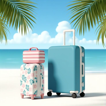 A collection of three distinct pieces of luggage is arranged against a vibrant tropical beach backdrop. The largest suitcase is a hard-shell model in bright blue, with silver zippers and wheels. Next to it is a medium-sized, soft-sided suitcase in a floral pattern featuring shades of pink and green. A small carry-on bag made of fabric, with a red and white striped design, sits on top of the larger suitcase. In the background, the beach features soft white sand, crystal-clear turquoise waters, and a clear blue sky dotted with a few fluffy clouds. Palm trees sway gently in the breeze, framing the scene and enhancing the vacation-ready atmosphere.