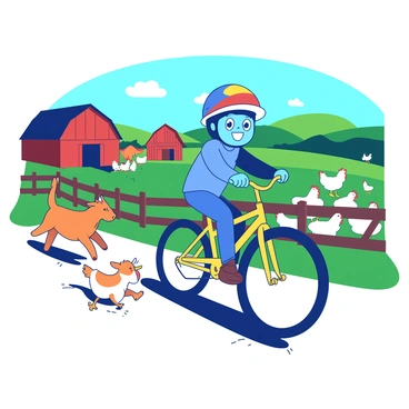 A blue cartoon character with big expressive eyes is riding a bright yellow bicycle. The character is wearing a colorful helmet and has a big smile on their face. The background features a green farm with a red barn, and various animals are gathered nearby. A curious brown cow is peeking over the fence, while a group of white chickens are clucking and watching intently. A playful orange dog is running alongside the bicycle, and in the distance, there are rolling green hills under a clear blue sky.