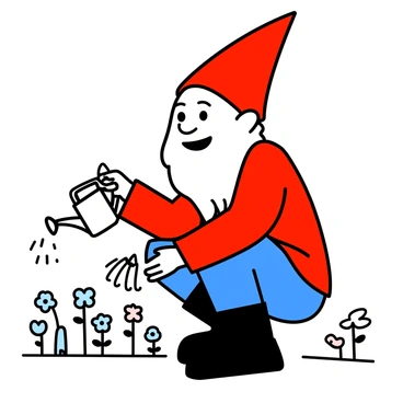 A cartoon garden gnome, with a large pointed hat and a bushy white beard, is kneeling down in a vibrant garden. He is wearing a red jacket and blue trousers, with big black boots. The gnome is holding a tiny watering can with both hands, tilting it to pour water onto a bed of blooming flowers. The flowers have various shapes and sizes, some are tall while others are smaller. The gnome is smiling as he tends to the garden, surrounded by lush greenery.