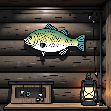 A mounted trophy bass fish, showcasing a shiny green and silver body with detailed scales, is displayed prominently on the wooden wall of a rustic cabin. The wall is made of dark, weathered logs, and there are hints of natural wood grain visible. Nearby, there are fishing rods and a small wooden shelf with fishing lures arranged neatly. A cozy glow from a nearby lantern casts soft shadows, enhancing the warm atmosphere of the cabin interior.