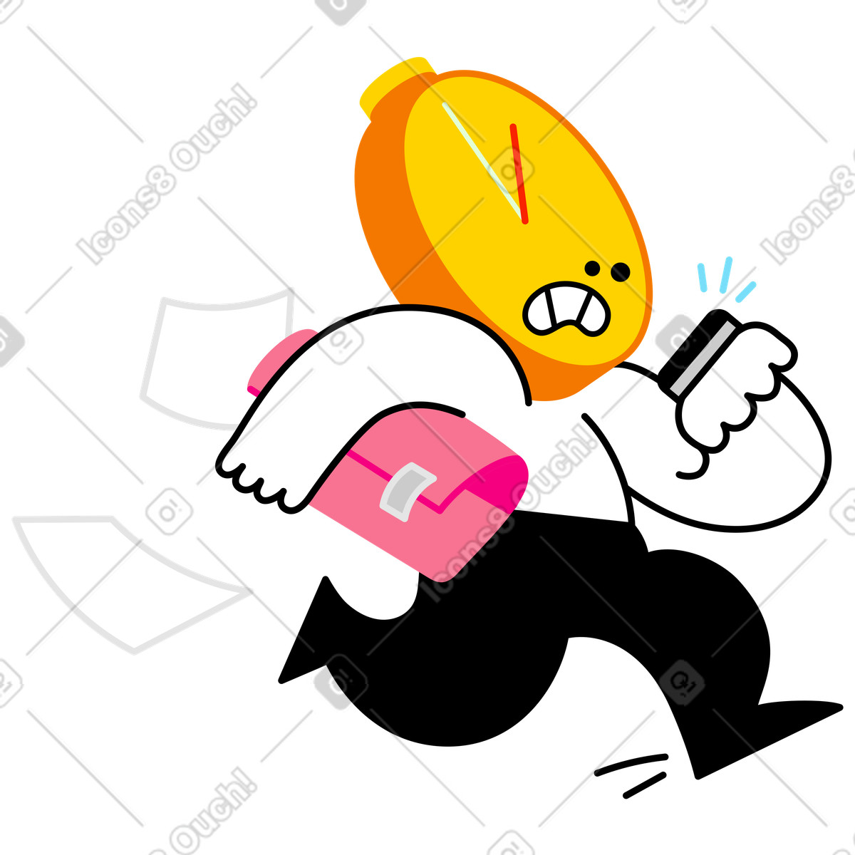 Clock character being late due to poor time management animated illustration in Giggle style download in GIF, Lottie (JSON), AE