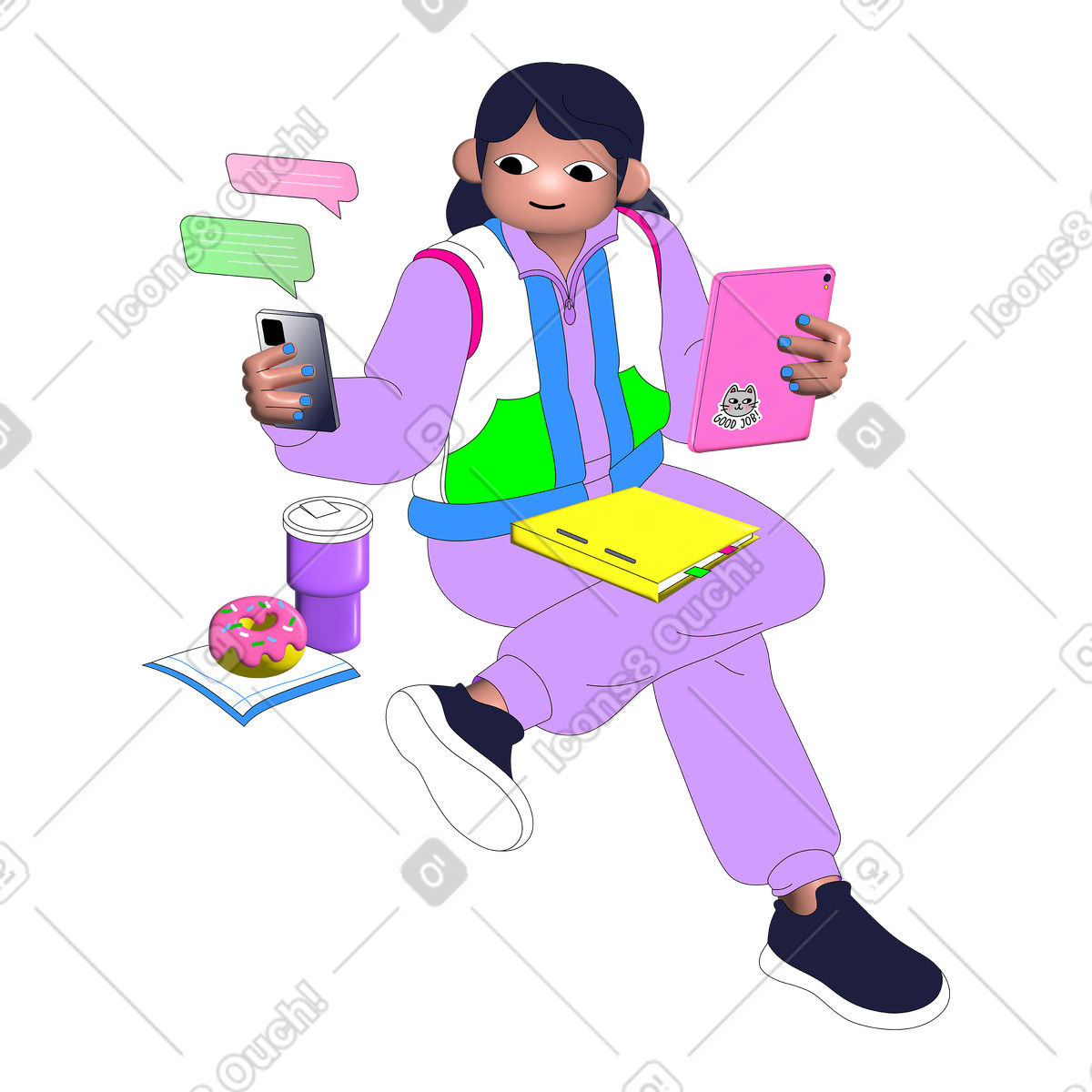Young woman multitasking in daily life-Illustration im Pop-Stil als Download PNG, SVG