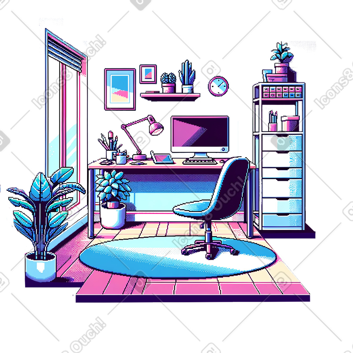 Colorful pixel home office interior illustration environment clipart high-quality graphics