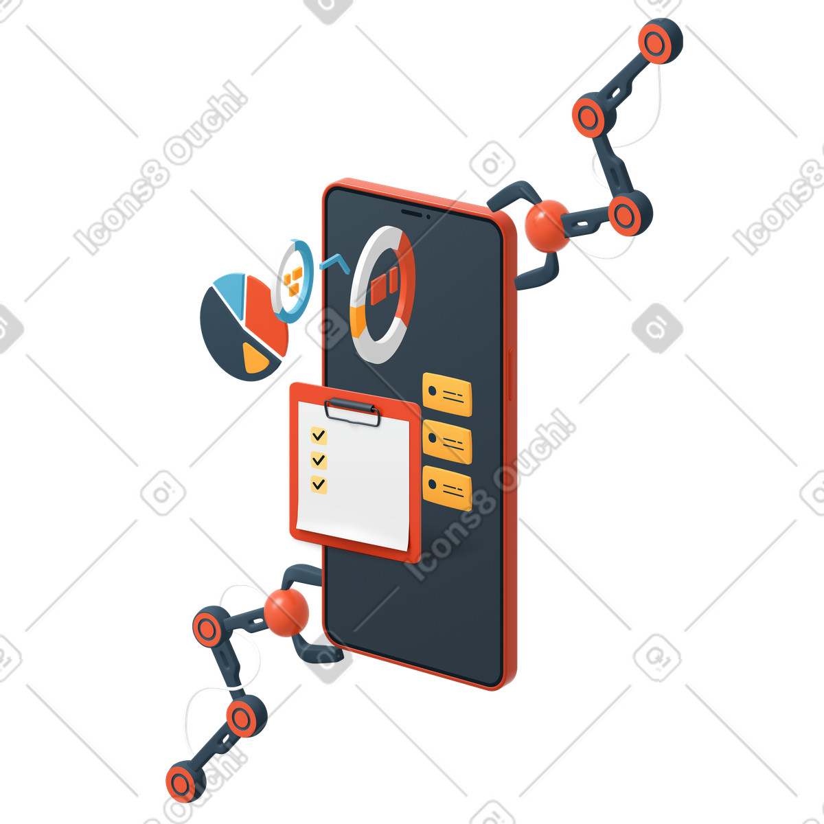 Ilustração de Estatísticas negócios na tela do smartphone em no estilo 3D Flame para baixar em PNG, SVG