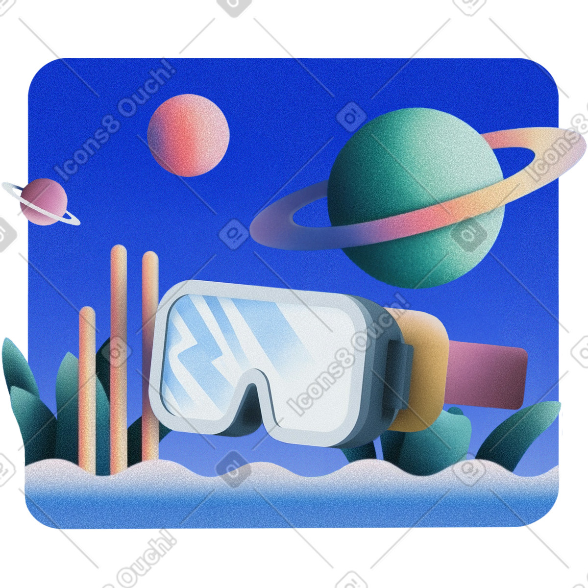 Virtual reality headset with planet immersive space education technology, Edtech for astronomy and space learning illustration in Grainy style download in PNG, SVG