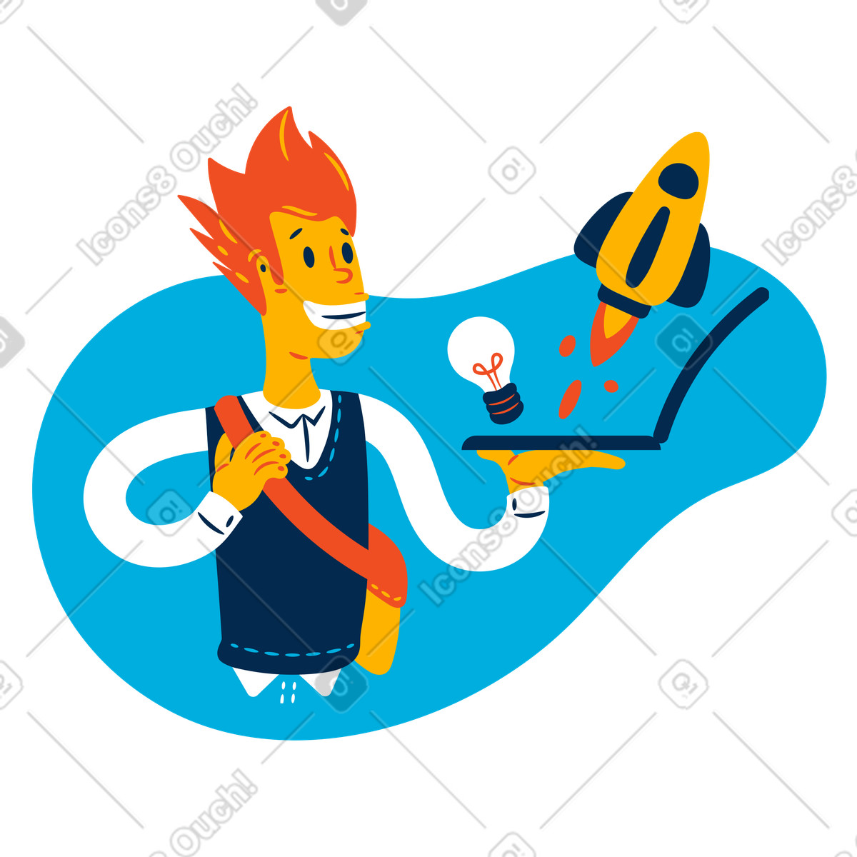 Ilustração de Excited startup founder holding laptop with rocket and idea bulb, New business launch concept em no estilo Flame para baixar em PNG, SVG