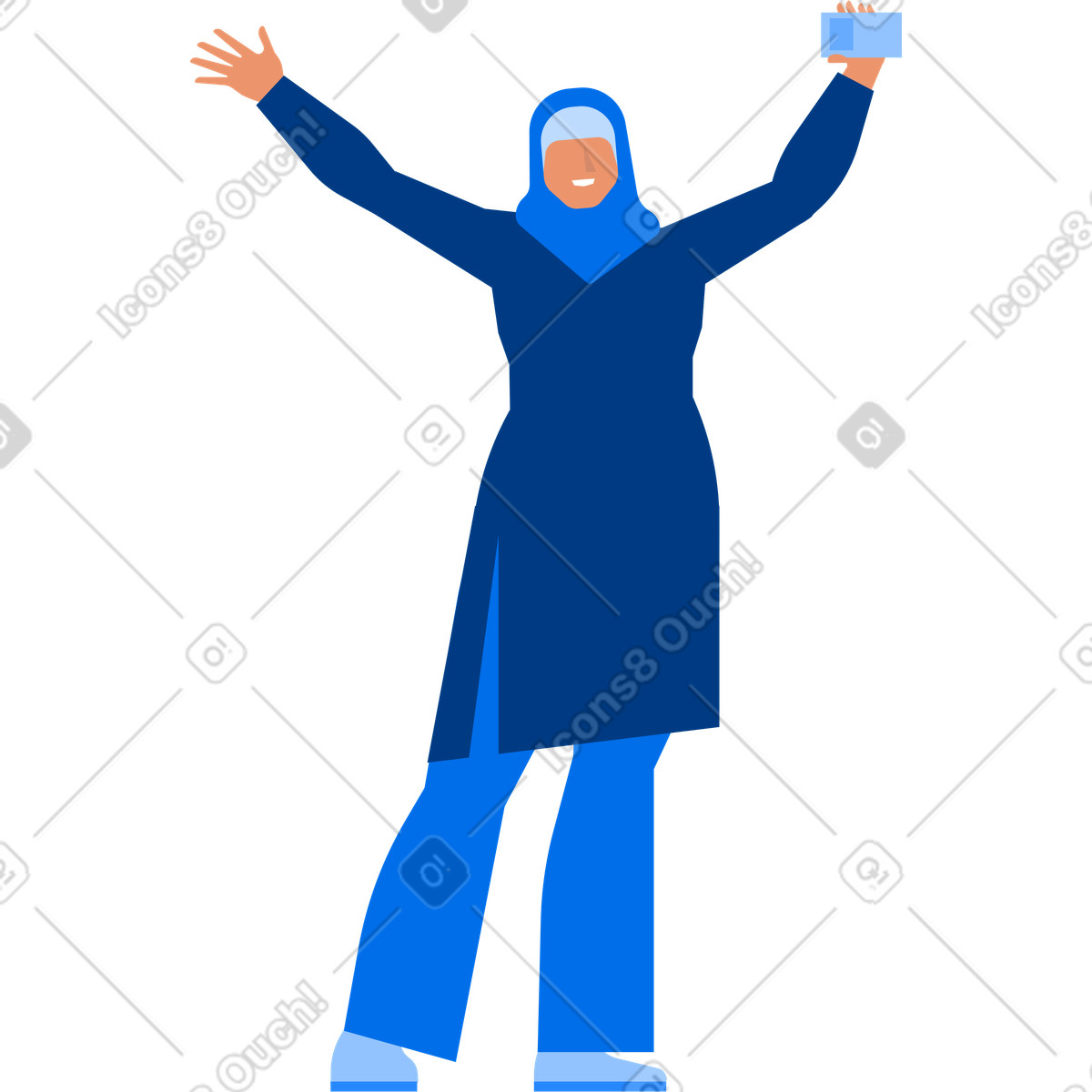 Happy woman in hijab raises her hands up and shows driving license illustration Urban style download PNG, SVG