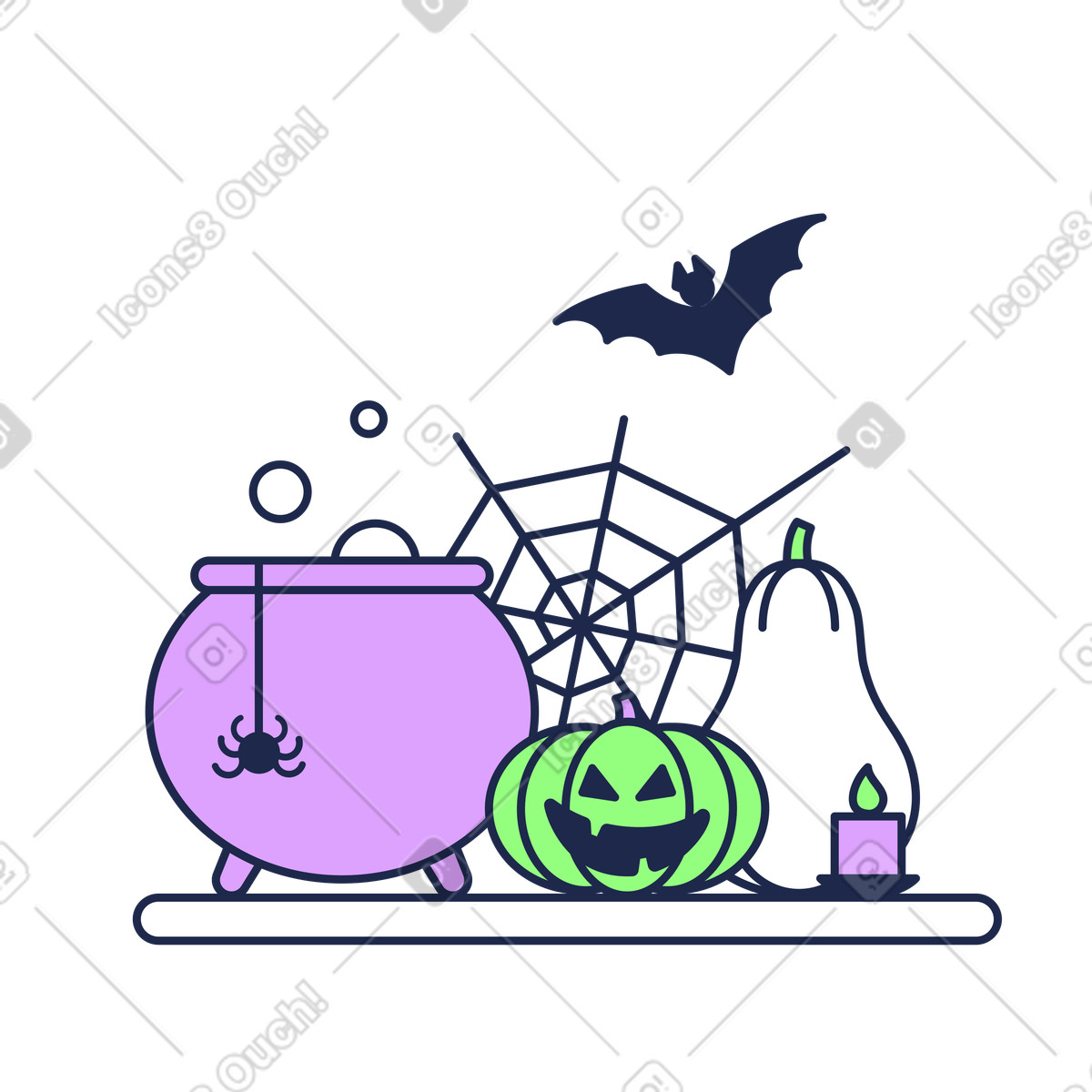 Pumpkins, cobweb and cauldron as halloween decorations illustration in Outline style download in PNG, SVG