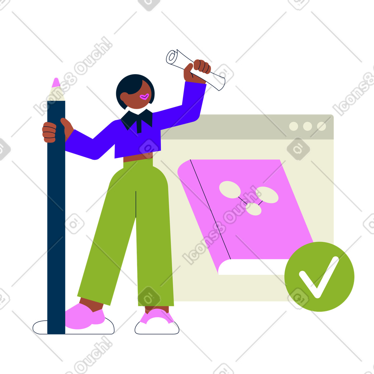 Woman received a certificate of online education illustration in Cubes style download in PNG, SVG