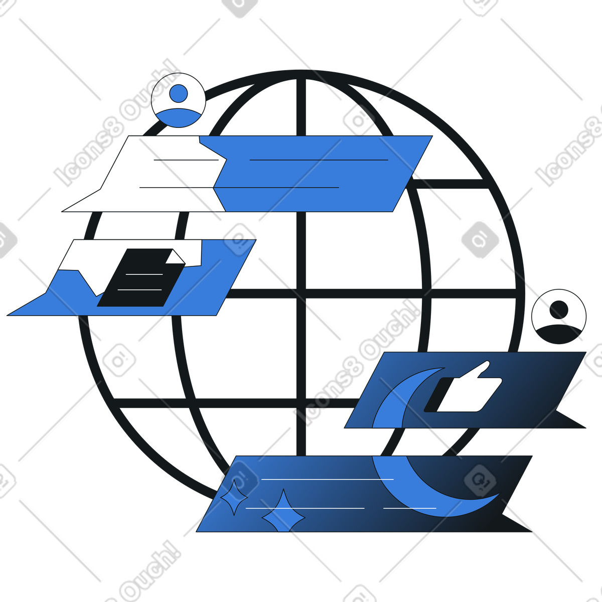 Chat bubbles over globe background, Async communication and remote teamwork illustration in Midnight style download in PNG, SVG