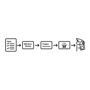 A series of connected boxes arranged horizontally, each representing a different stage of a syllabus timeline. The first box shows the title "Start" with a checklist of initial topics. The subsequent boxes depict milestones labeled with key points such as "Mid-term Review" and "Project Submission," each illustrated with relevant icons, like a calendar and a clipboard. The final box is labeled "Finish" and displays a graduation cap and a diploma. Arrows connect the boxes, indicating the flow from start to finish. The entire layout is clean and organized with clear labels for each stage.