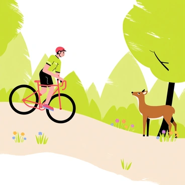A mountain biker wearing a bright red helmet and a green cycling jersey is riding along a dirt trail. He is positioned on the left side of the image. In the foreground, there is a brown deer standing on the right side of the trail, looking curiously at the biker. The surrounding scenery features tall green trees, with sunlight filtering through the leaves, creating a dappled light effect on the ground. Wildflowers in various colors are scattered along the edges of the trail, adding vibrancy to the scene.