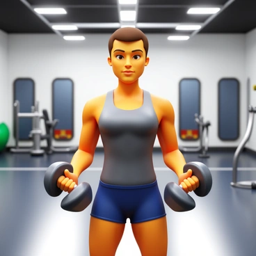 An athlete performing the "dumbbell bent over row" exercise in an indoor gym setting. The athlete is wearing a fitted tank top and shorts, demonstrating proper form with a slight bend at the hips. They are gripping a dumbbell in each hand, pulling them towards their chest with their elbows close to the body. The gym features various training equipment and mirrors reflecting the athlete's focused expression. Bright overhead lights illuminate the scene, highlighting the athlete's determination and muscular definition.