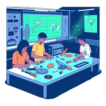 In a futuristic workshop, players are actively assembling robot parts on a sleek metallic table. The workshop is filled with various robotic components, including gleaming gears, shiny metal plates, and intricate circuitry. Each player is focused on their task, wearing high-tech gloves that emit a soft blue light, indicating their progress. Above the table, holographic displays project schematics of different robots, providing guidance and instructions. The walls of the workshop are lined with tools and additional parts, all organized neatly. The atmosphere is vibrant and energetic, with LED lights casting a teal and orange glow across the scene.