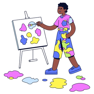 An artist is painting on a canvas, wearing a unique Issey Miyake outfit with structured folds and vibrant, geometric patterns. The artist is holding a paintbrush, poised in a creative stance. Around the artist, there are colorful splashes of paint in various shades, including bright red, blue, yellow, and green, scattered across the floor and splattered on the canvas. The background is simple, focusing attention on the artist and the dynamic, fluid colors surrounding them.