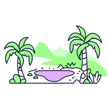 A tranquil desert oasis is depicted with a small pond at the center, reflecting the surrounding scenery. On one side of the pond, there are several lush palm trees with fronds extending outward. The ground around the pond is sandy and dotted with small stones. In the background, distant sand dunes rise gently against the horizon, completing the serene landscape. A few desert plants are scattered around the area, adding to the natural environment.