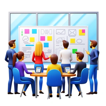 A team of five diverse professionals gathered around a large whiteboard. The whiteboard is filled with colorful sticky notes, charts, and diagrams illustrating the planning of their next agile sprint. Each team member is focused, discussing ideas and strategies. A laptop sits open on a nearby table, displaying project management software. The setting is a modern office with glass walls and natural light streaming in from a window.