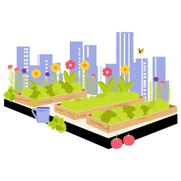 A rooftop scene in an urban setting transformed into a lush garden. The garden features colorful flowers in various shades of red, yellow, and purple blooming throughout the space. There are rows of green vegetables, including leafy greens and ripe tomatoes. In the background, the skyline of tall buildings can be seen under a bright blue sky. Wooden raised beds are organized neatly, and a small watering can is placed beside one of the beds. A few butterflies and bees are flitting around the flowers, adding to the lively atmosphere of the garden.