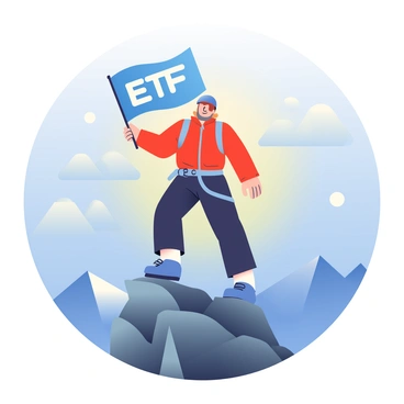 A climber wearing a bright red jacket and black climbing pants is reaching the peak of a rugged mountain. The climber has short brown hair and is wearing a helmet. In their right hand, they are holding a flag that has the letters "ETF" prominently displayed in white against a blue background. The rocky summit is surrounded by a clear blue sky, with distant snow-capped mountains visible in the background. The sun casts a warm light, creating a soft glow on the climber's face and the flag.