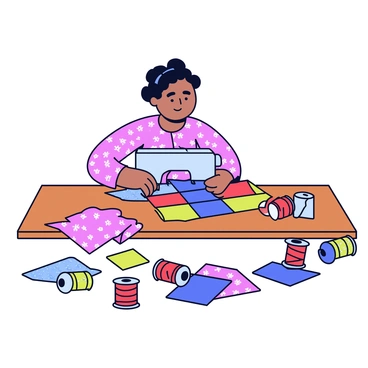 A woman sewing a colorful quilt at a wooden table. She is focused on stitching together vibrant fabric pieces in various patterns and colors. Scattered around her workspace are spools of thread in shades of red, blue, and green. There are cut pieces of fabric in a disarray, showcasing a mix of floral and geometric designs. The sewing machine sits beside her, ready for use.