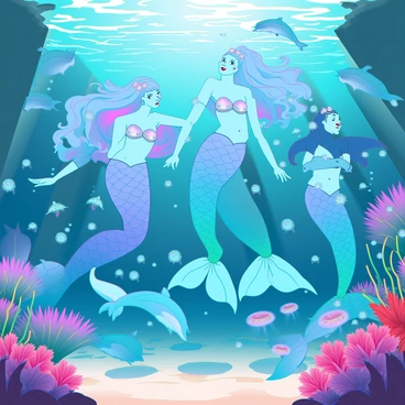 A vibrant underwater realm filled with colorful coral reefs and schools of tropical fish swimming among them. There are several merfolk with shimmering scales, each featuring unique colors such as deep blues, greens, and purples. They have flowing hair that floats gracefully in the water, adorned with bioluminescent shells and pearls. Various sea creatures, including graceful dolphins, playful sea turtles, and vibrant jellyfish, are present, interacting harmoniously in this lively environment. Sunlight filters down from the surface, casting dappled light patterns over the sandy ocean floor.