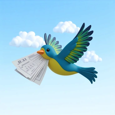 A bird with vibrant blue and green feathers is soaring through a clear sky filled with fluffy white clouds. Its wings are outstretched wide, showcasing intricate patterns of color. In its beak, the bird carries several documents, specifically CPF forms, which are white with black printed text. The forms flutter slightly in the breeze as the bird glides gracefully against the backdrop of the azure sky.