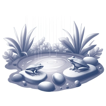 A rainforest pond under a gentle rain shower. The surface of the pond is disturbed by small ripples created by falling raindrops. Lush greenery surrounds the pond, with various leaves glistening from the moisture. Nearby, frogs are basking on large, flat stones and the damp earth, their bodies resting peacefully as they enjoy the rain. Each frog displays distinct features, including textured skin and varying sizes. The atmosphere reflects a tranquil moment in the midst of nature.