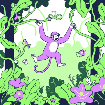 A monkey is swinging from vine to vine in a dense jungle. The monkey is mid-air, with its arms extended and an expression of joy on its face. Below, the jungle floor is filled with a variety of exotic plants, including large-leafed foliage and vibrant flowers. The vines are thick and intertwine with one another, providing a dynamic background. Sunlight filters through the canopy, creating dappled patterns on the ground. In the distance, a few colorful birds can be seen perched on branches, adding to the lively atmosphere of the scene.