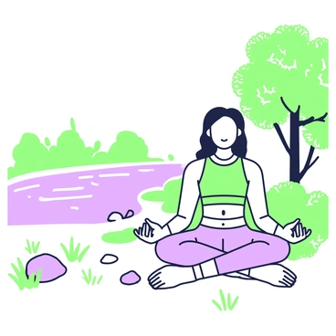 A person is seated cross-legged by a riverbank. The individual has long hair and is wearing comfortable athletic clothing. Their hands rest on their knees, and their eyes are closed in concentration. A serene river flows gently beside them, with small ripples creating patterns on the surface. Nearby, a few smooth stones are scattered on the bank, and some lush green grass grows around them. In the background, there are a few trees with dense foliage casting dappled shadows on the ground. The person is focused on stretching their hamstrings, gently leaning forward with one leg extended in front, while maintaining a meditative posture.