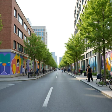 A street in Vancouver lined with colorful murals created by local artists. The murals showcase a variety of artistic styles, including abstract shapes, detailed portraits, and nature scenes. The buildings along the street are a mix of brick and modern architecture, providing a contrasting backdrop to the vibrant artwork. Bright greenery from nearby trees and plants complements the lively colors of the murals. Pedestrians walk along the sidewalk, admiring the artwork, while a few bicycles are parked near the curb, adding to the urban atmosphere.