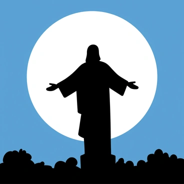 A full moon rising behind "Christ the Redeemer," illuminating the statue with a soft silvery light. The moon's glow contrasts with the evening sky, highlighting the intricate details of the statue. The surrounding landscape is darkened, creating a dramatic silhouette of the iconic landmark against the bright orb of the moon.