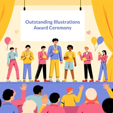 An award ceremony taking place in a bright, cheerful auditorium. Several students are standing on a stage, each wearing colorful outfits. They are excitedly receiving gold, silver, and bronze medals for their outstanding illustrations. Behind them, a large banner reads "Outstanding Illustrations Award Ceremony" in bold letters. In the audience, parents and friends are clapping and cheering, holding up signs of support. The stage is decorated with balloons and streamers in vibrant colors, creating a festive atmosphere.