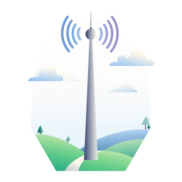 A tall radio tower is positioned prominently in the center of the image. The tower is metallic and slender, stretching high into the sky. Waves of varying sizes are emanating from the top of the tower, depicted in a gradient of blue and purple, representing "electromagnetic energy." The background features a clear blue sky with a few fluffy white clouds scattered throughout. Below the tower, a green landscape with rolling hills stretches out, with small trees dotting the area. A road can be seen curving gently in the foreground, leading towards the tower.