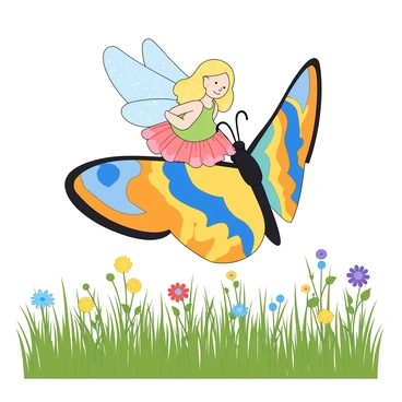 A small fairy with delicate, translucent wings is perched gracefully on the back of a large, colorful butterfly. The butterfly's wings are adorned with vibrant patterns in shades of blue, orange, and yellow. The fairy has flowing hair that sparkles with tiny glimmers, and she wears a dress made of flower petals in shades of pink and green. Below them, a field of tall grass sways gently in the breeze, with a variety of wildflowers dotting the landscape. The sunlight filters through the grass, casting playful shadows as the butterfly glides through the air.