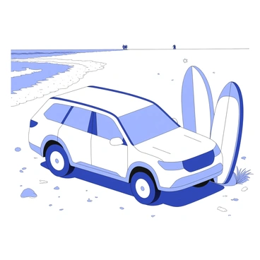 A crossover SUV is parked on a sandy beach. The SUV has a sleek design with rounded edges and reflects the sunlight. There are surfboards leaning against one side of the vehicle, each board featuring different shapes and sizes. The sand is scattered with small pebbles, and a few sea oats can be seen in the background. The ocean waves are rolling onto the shore, creating a gentle foamy edge along the beach. In the distance, there are silhouettes of people enjoying the day by the water.