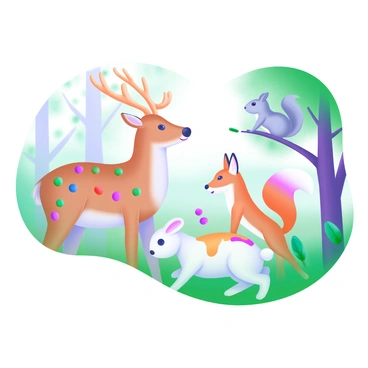 A group of forest animals gathered in a vibrant clearing. A deer with a light brown coat displays colorful pill-shaped markings in red, blue, and yellow on its sides. Nearby, a fox has a bushy tail adorned with green and purple pill shapes scattered along its fur. A rabbit hops through the grass, its white fur marked with orange and pink pill-shaped designs. In the background, a squirrel is perched on a branch, showcasing its gray fur with teal and gold pill markings. The scene is alive with greenery, trees, and dappled sunlight filtering through the leaves.