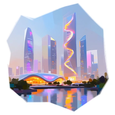 A futuristic city skyline featuring towering structures that resemble glowing DNA helixes. These skyscrapers are illuminated with vibrant colors, showcasing intricate patterns along their surfaces. The skyline is set against a twilight sky, with hints of blue and purple hues. In the foreground, there are modern buildings with sleek designs, while parks and greenery intermingle with the urban landscape. The atmosphere is filled with a sense of innovation and advanced technology, highlighting the unique architecture of the city.